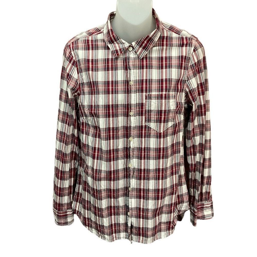Gap Button Down Shirt Top Collar Red White Black Grey Striped Long Sleeves Small